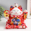 Копилка для денег «Кот Манэки-нэко для благополучия и изобилия», керамика, красный, 14×20×20.5 см