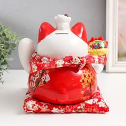 Копилка для денег «Кот Манэки-нэко для благополучия и изобилия», керамика, красный, 14×20×20.5 см