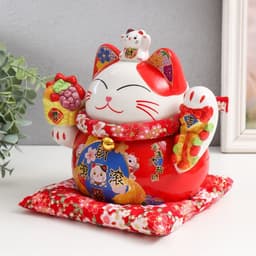Копилка для денег «Кот Манэки-нэко для благополучия и изобилия», керамика, красный, 14×20×20.5 см
