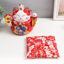 Копилка для денег «Кот Манэки-нэко для благополучия и изобилия», керамика, красный, 14×20×20.5 см