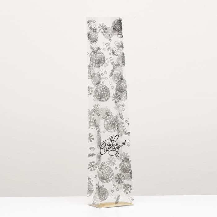 Пакет подарочный новогодний с жёстким дном, прозрачный с ёлочными шарами, 11×7×53 см