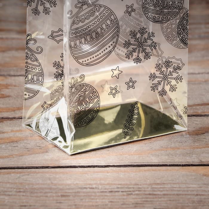 Пакет подарочный новогодний с жёстким дном, прозрачный с ёлочными шарами, 11×7×53 см