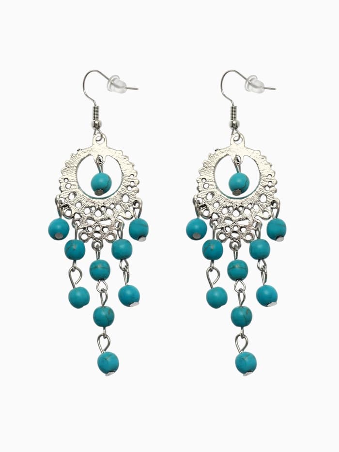 Серьги «Бирюзовый мир», круг и 5 дорожек бусинок, голубые в чернёном серебре