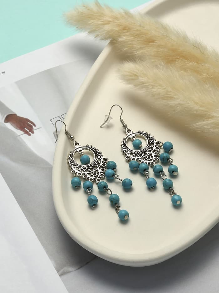 Серьги «Бирюзовый мир», круг и 5 дорожек бусинок, голубые в чернёном серебре