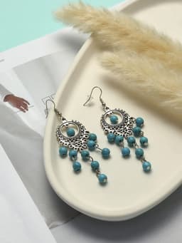 Серьги «Бирюзовый мир», круг и 5 дорожек бусинок, голубые в чернёном серебре