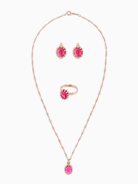 Гарнитур 3 предмета: серьги, кулон, кольцо безразмерное «Эдель», овал, ярко-розовые в золоте, 45 см