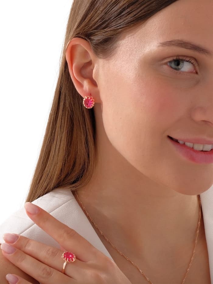 Гарнитур 3 предмета: серьги, кулон, кольцо безразмерное «Эдель», овал, ярко-розовые в золоте, 45 см