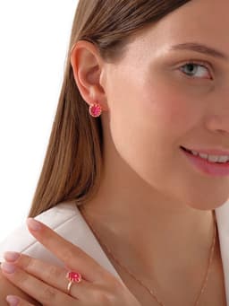 Гарнитур 3 предмета: серьги, кулон, кольцо безразмерное «Эдель», овал, ярко-розовые в золоте, 45 см