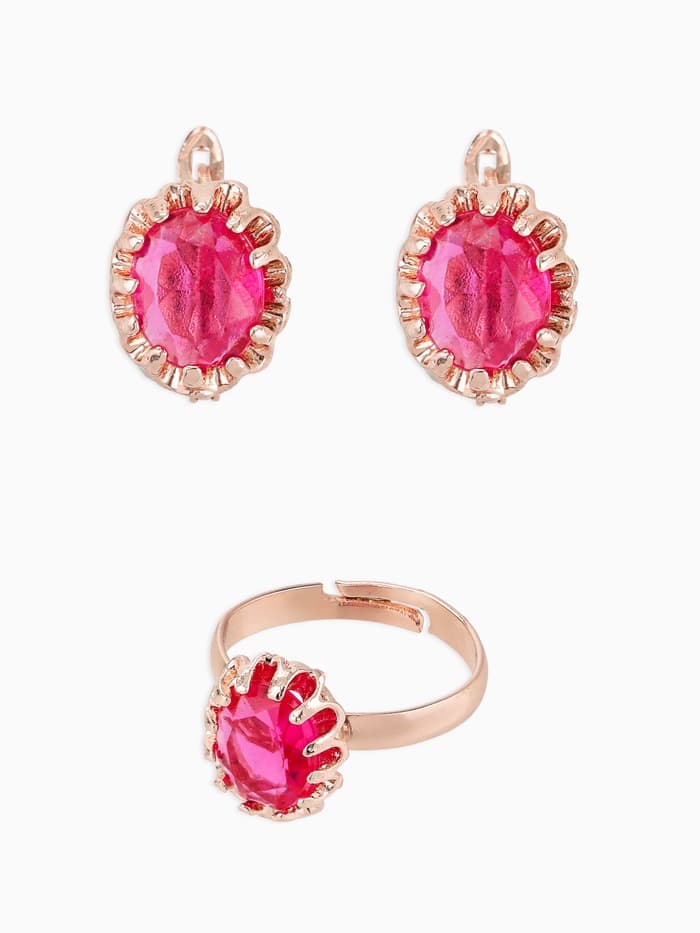 Гарнитур 3 предмета: серьги, кулон, кольцо безразмерное «Эдель», овал, ярко-розовые в золоте, 45 см