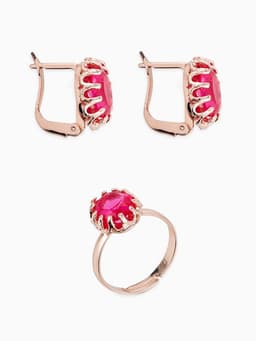 Гарнитур 3 предмета: серьги, кулон, кольцо безразмерное «Эдель», овал, ярко-розовые в золоте, 45 см