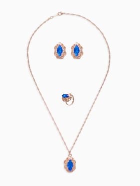 Гарнитур 3 предмета: серьги, кулон, кольцо безразмерное «Эдель», ажурный овал, син в золоте, 45 см