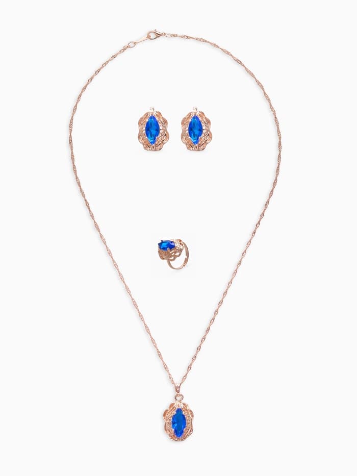 Гарнитур 3 предмета: серьги, кулон, кольцо безразмерное «Эдель», ажурный овал, син в золоте, 45 см