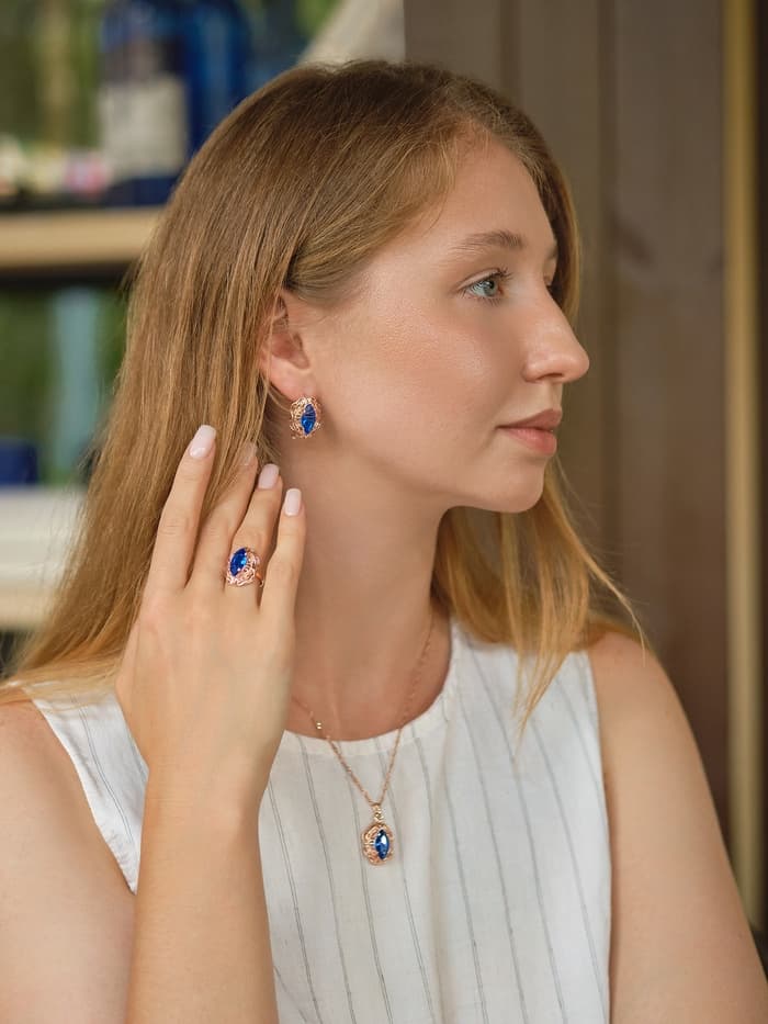 Гарнитур 3 предмета: серьги, кулон, кольцо безразмерное «Эдель», ажурный овал, син в золоте, 45 см