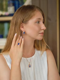 Гарнитур 3 предмета: серьги, кулон, кольцо безразмерное «Эдель», ажурный овал, син в золоте, 45 см