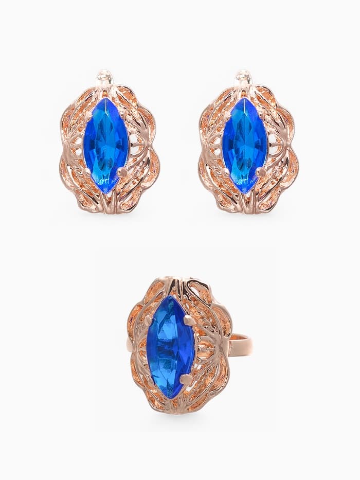 Гарнитур 3 предмета: серьги, кулон, кольцо безразмерное «Эдель», ажурный овал, син в золоте, 45 см