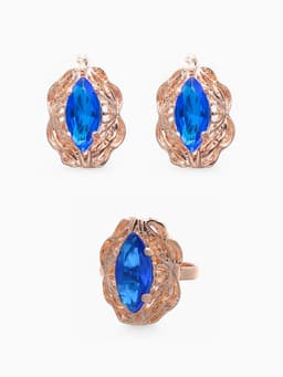 Гарнитур 3 предмета: серьги, кулон, кольцо безразмерное «Эдель», ажурный овал, син в золоте, 45 см