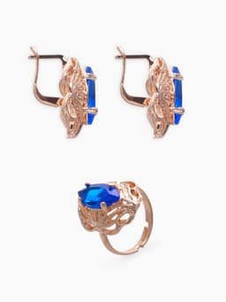 Гарнитур 3 предмета: серьги, кулон, кольцо безразмерное «Эдель», ажурный овал, син в золоте, 45 см