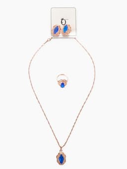 Гарнитур 3 предмета: серьги, кулон, кольцо безразмерное «Эдель», ажурный овал, син в золоте, 45 см