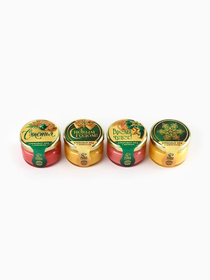 Мёд кремовый новогодний «Чудес», клубника, абрикос, апельсин, малина, 120 г (набор 4 шт.×30 г).