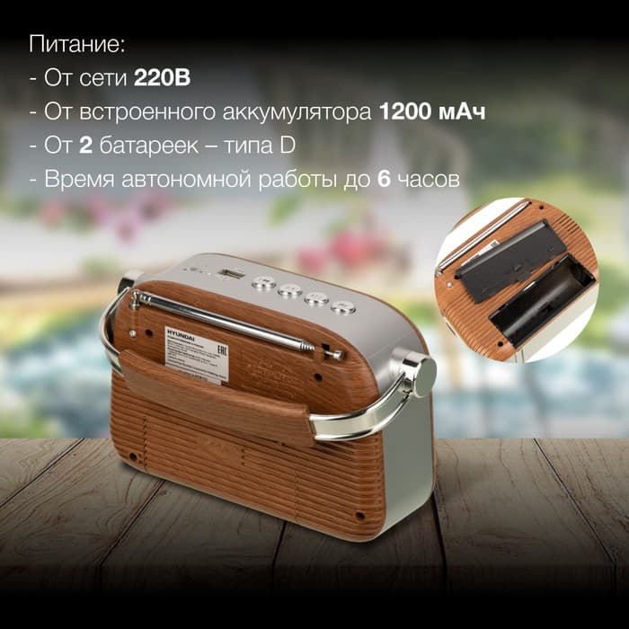 Радиоприёмник портативный Hyundai H-PSR200, USB, microSD, корпус под дерево, коричнево-серебристый