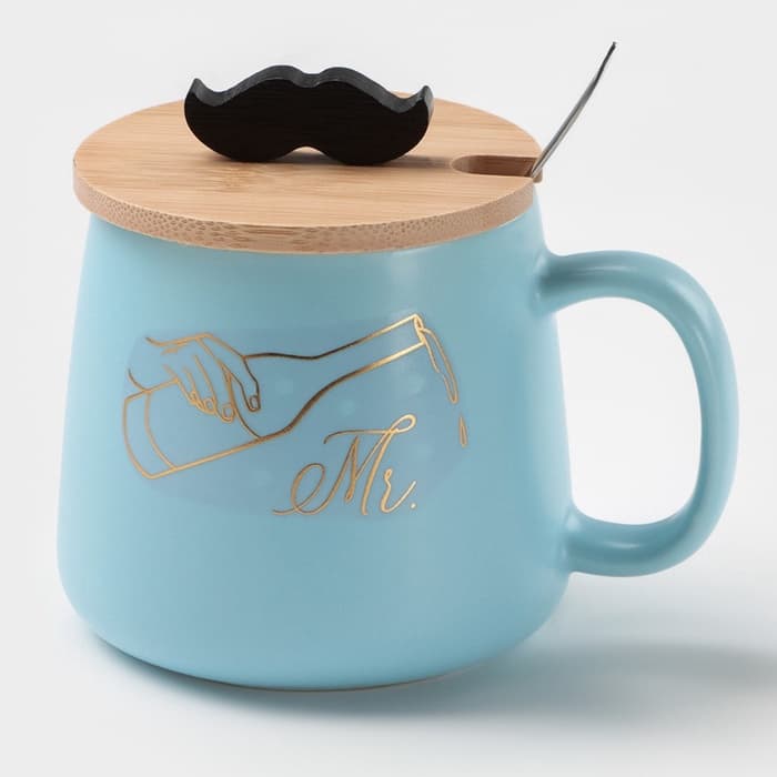 Кружка с ложкой «Мистер», 380 мл, керамика, голубая