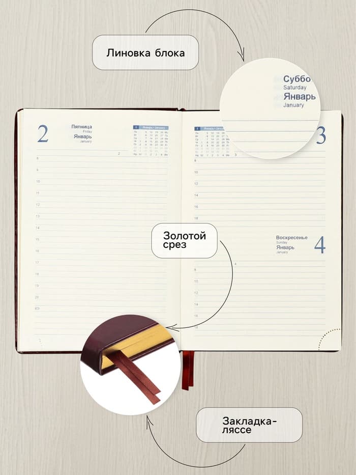 Ежедневник датированный Calligrata, А5, 2026, твёрдая обложка из искусственной кожи «Небраска», 168 листов, бордовый