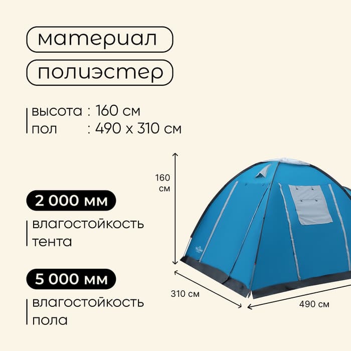 Палатка туристическая 5-местная maclay MONTANA 5, 490×310×160 см, кемпинговая, двухслойная, с тамбуром, голубая
