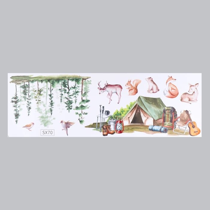Наклейка интерьерная цветная «Палатка в лесу со зверятами», пластик, 30×90 см