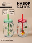 Банки Доляна «Свежий бриз», набор 2 шт.: 2 банки с крышками и трубочками 450 мл, стекло