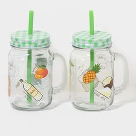 Кружки Доляна «Летняя прохлада»,450 мл, набор 2 шт.: 2 кружки с крышками и трубочками, стекло, прозрачные