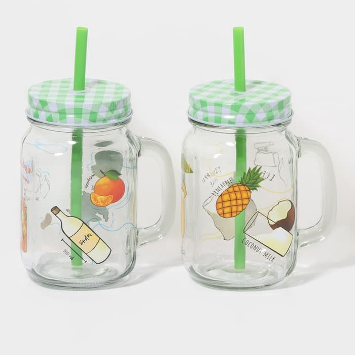 Кружки Доляна «Летняя прохлада»,450 мл, набор 2 шт.: 2 кружки с крышками и трубочками, стекло, прозрачные