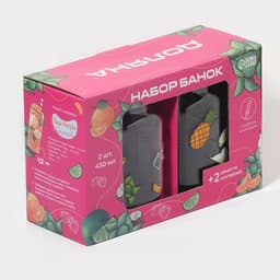 Кружки Доляна «Летняя прохлада»,450 мл, набор 2 шт.: 2 кружки с крышками и трубочками, стекло, прозрачные