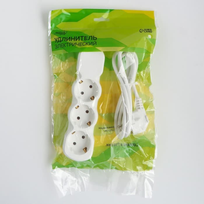 Удлинитель Luazon Lighting ECO, 3 розетки, 1.7 м, 16 А, 3500 Вт, ПВС 3×1 мм2, с заземлением