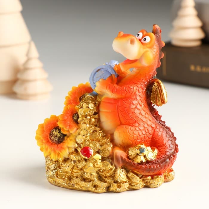 Копилка для денег «Пухлый дракоша с монетами и подсолнухами», полистоун, 8.3×6.2×9 см