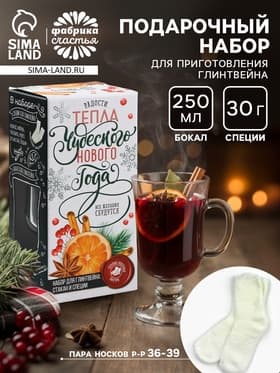Подарочный набор для приготовления глинтвейна «Чудесного Нового года»: бокал 250 мл., специи 30 г, носки 36-39 размера