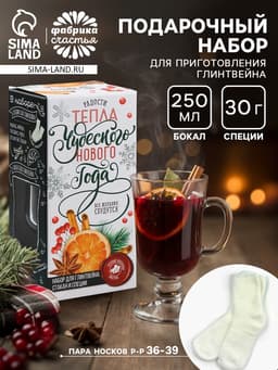 Подарочный набор для приготовления глинтвейна «Чудесного Нового года»: бокал 250 мл., специи 30 г, носки 36-39 размера
