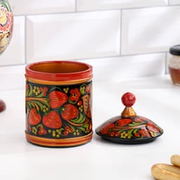Банка для хранения сыпучих продуктов, кадочка, средняя, 9×14 см, дерево, хохлома, МИКС
