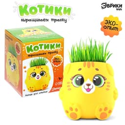 Набор для опытов, для детей «Котики. Выращиваем травку», растение в жёлтом горшочке