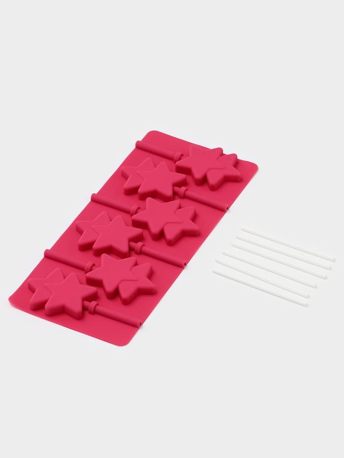 Форма для леденцов новогодний Доляна «Звёзды», силикон, 24×11×1 см, 6 ячеек (5.2×4 см), с палочками, МИКС