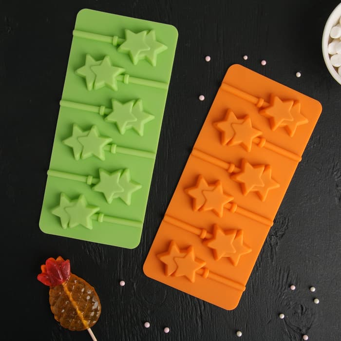 Форма для леденцов новогодний Доляна «Звёзды», силикон, 24×11×1 см, 6 ячеек (5.2×4 см), с палочками, МИКС