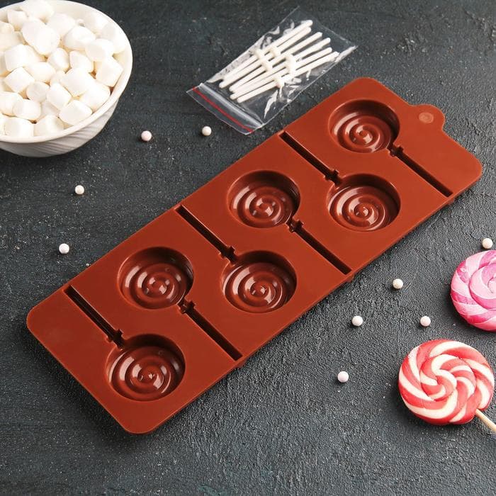 Форма для леденцов Доляна «Леденец», силикон, 9.5×24 см, 6 ячеек (8.2×3.9 см), с палочками, МИКС