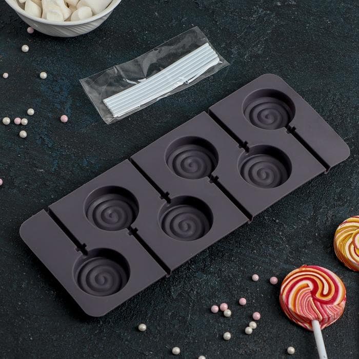 Форма для леденцов Доляна «Леденец», силикон, 9.5×24 см, 6 ячеек (8.2×3.9 см), с палочками, МИКС