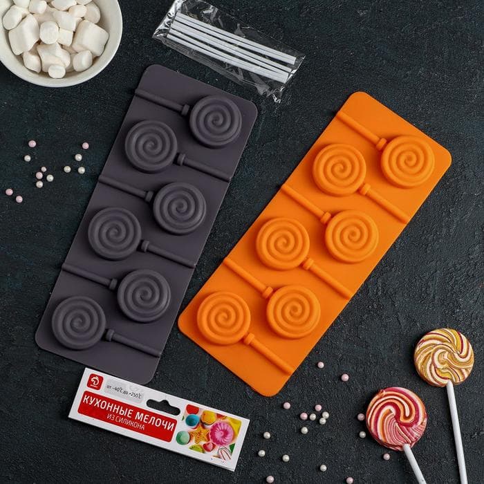 Форма для леденцов Доляна «Леденец», силикон, 9.5×24 см, 6 ячеек (8.2×3.9 см), с палочками, МИКС