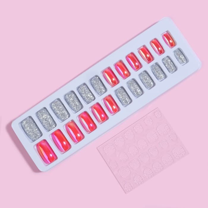 Накладные ногти, 24 шт., с клеевыми пластинами, форма мягкий квадрат, голографические, серебристые