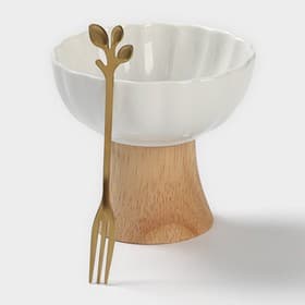 Креманка, 150 мл, d=10 см, с вилкой h=13 см, керамика, бамбук, белая