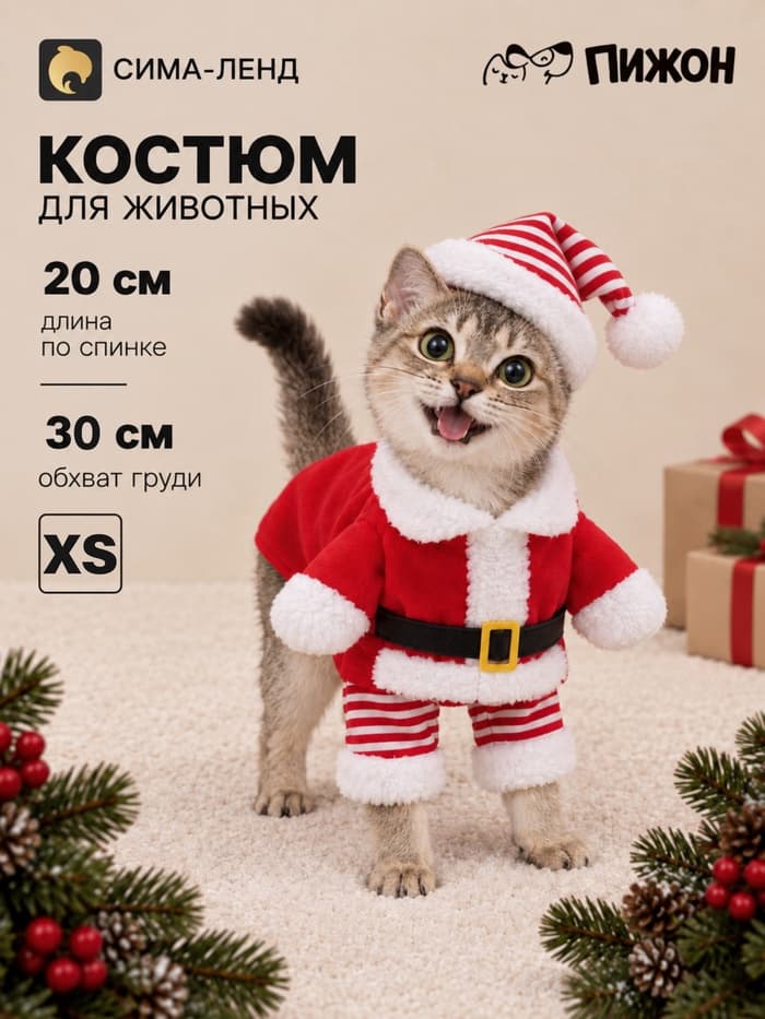 Новогодний костюм для собак «Клаус», размер XS (ДС 20, ОГ 30 см)