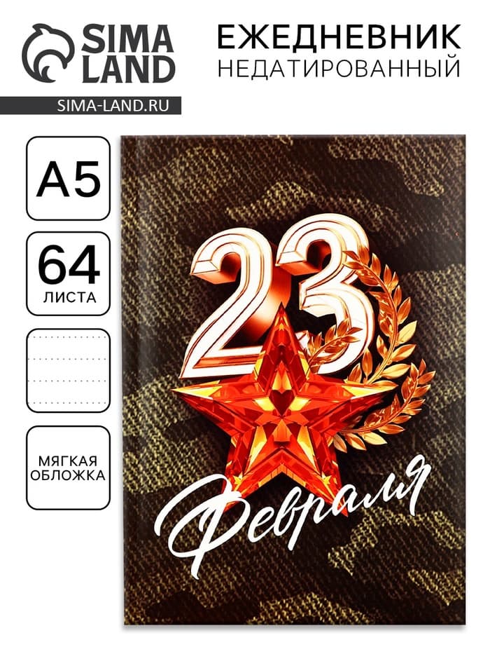 Ежедневник А5, 64 листа, недатированный, в точку А5, 64 л «С 23 февраля. Звезда»