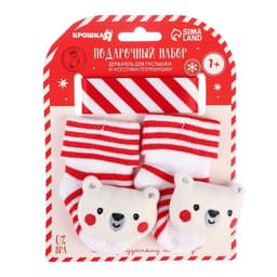 Подарочный набор новогодний Крошка Я «Мишка» держатель для соски-пустышки на ленте, носочки - погремушки