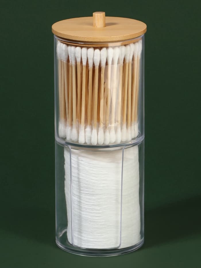 Органайзер для ватных палочек и дисков «BAMBOO», с крышкой, 2 секции, 7×18.5 см, прозрачный