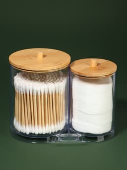Органайзер для ватных палочек и дисков BAMBOO, с крышкой, 15.5×8.5×12 см, прозрачный, коричневый